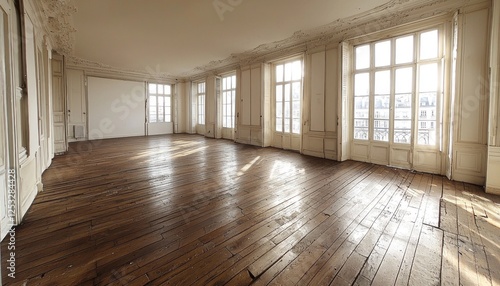 Wallpaper Mural Empty Parisian apartment with wooden floors and large windows overlooking the city Torontodigital.ca