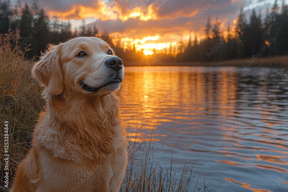 Golden Retriever Watching Sunset Over Lake Golden Retriever Watching Sunset Over Lake