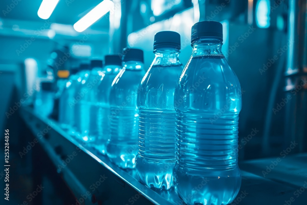 Conveyor belt, juice in bottles, beverage factory interior in blue color, industrial production line. Conveyor belt, juice in bottles, beverage factory interior in blue color, industrial production line.