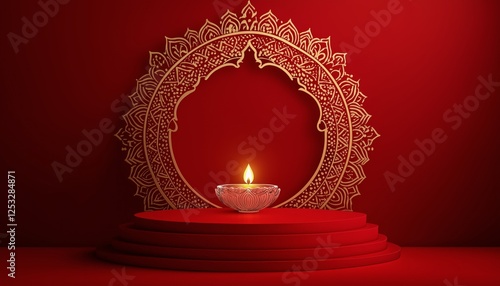 Candle lit on a decorative pedestal with intricate backdrop during a festive celebration