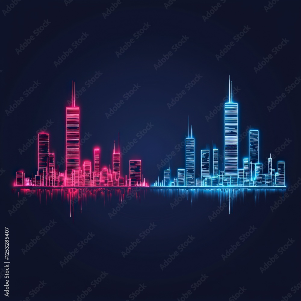Neon City Skyline at Night: Red and Blue Illuminated Buildings Neon City Skyline at Night: Red and Blue Illuminated Buildings