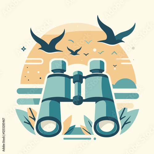 Stylized binoculars with birds flying, pastel colors, nature exploration theme, copy space
