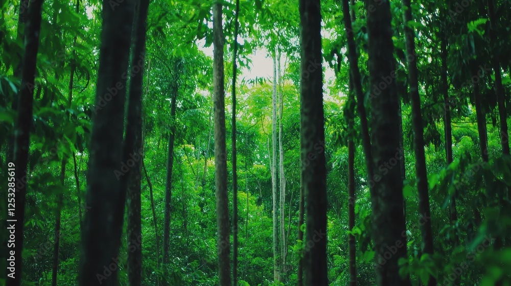 Lush Green Forest with Tall Trees and Dappled Sunlight in Canopy Lush Green Forest with Tall Trees and Dappled Sunlight in Canopy