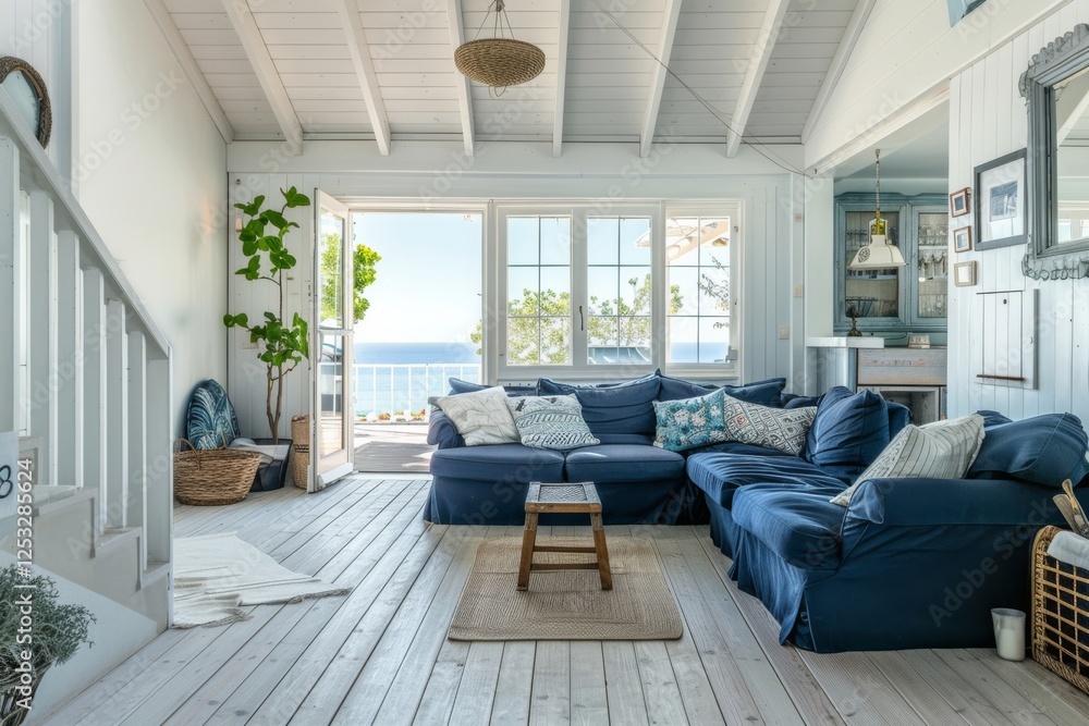 Fototapeta premium Coastal living room with ocean view and blue sofa