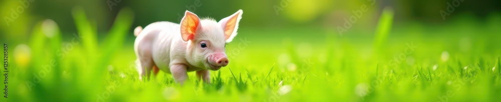 Tiny pink piglet exploring lush green spring grass , farm, spring, green grass Tiny pink piglet exploring lush green spring grass , farm, spring, green grass