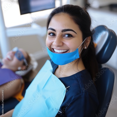 Hispanic female dentist cares for a patient, showcasing professionalism and comfort in dental practice