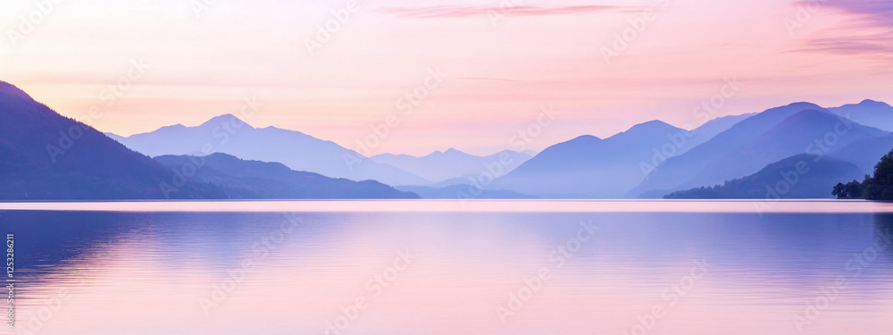 Fototapeta premium Serene mountain lake at sunset, with soft pink and purple hues reflecting on the calm water, framed by distant mountain ranges under a pastel sky.