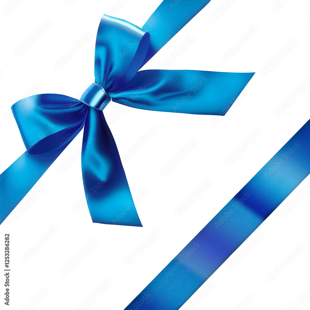 Vibrant blue satin ribbon and bow for wrapping your graphics, isolated, transparent background, diagonal layout, view from top Vibrant blue satin ribbon and bow for wrapping your graphics, isolated, transparent background, diagonal layout, view from top