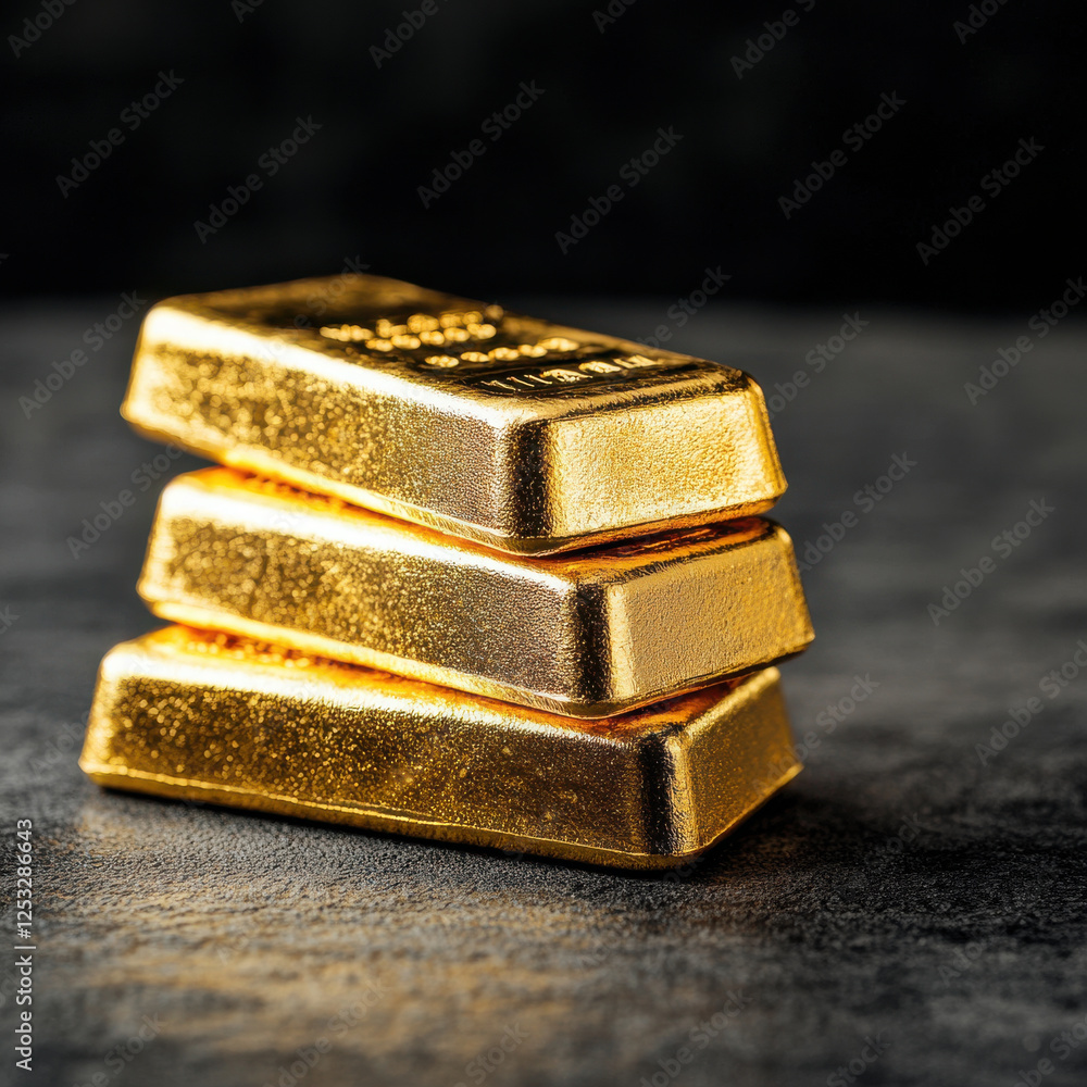 Shiny gold bars stacked on dark surface, symbolizing wealth and luxury Shiny gold bars stacked on dark surface, symbolizing wealth and luxury