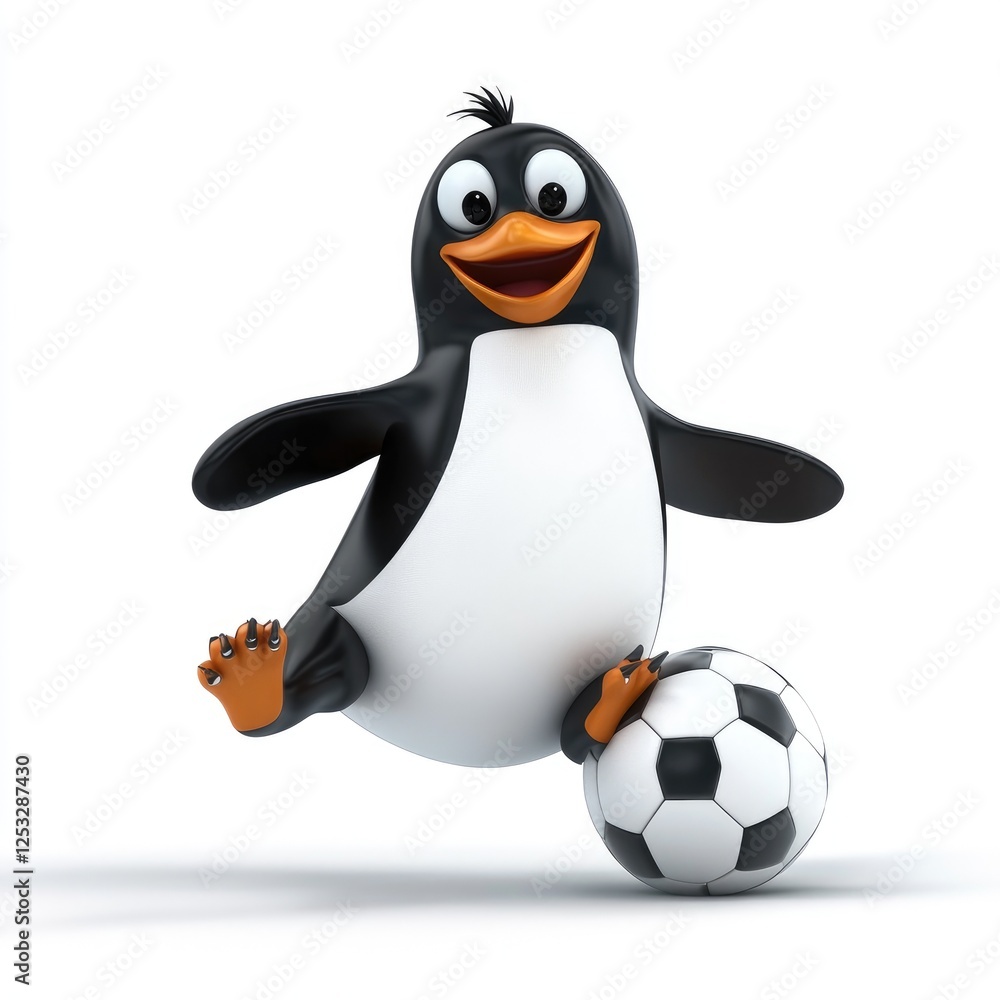 Fototapeta premium Playful Cartoon Penguin Kicking a Soccer Ball with Joyful Spirit