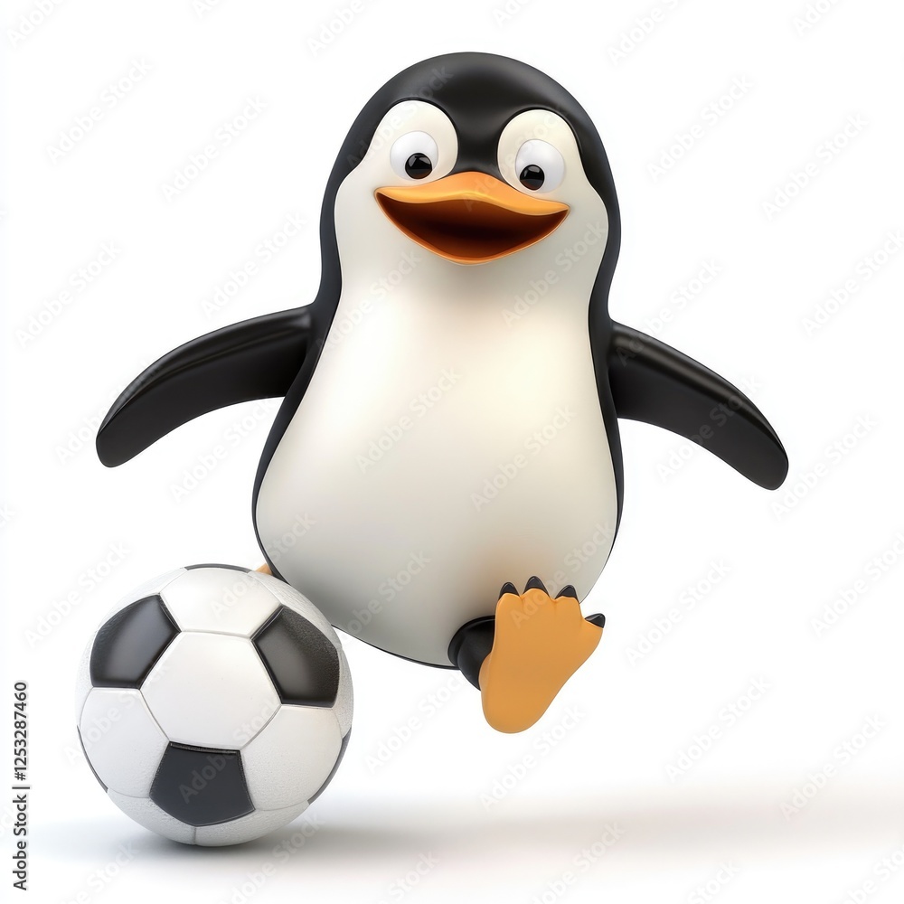Fototapeta premium Cute Cartoon Penguin Kicking a Soccer Ball in Bright Colors