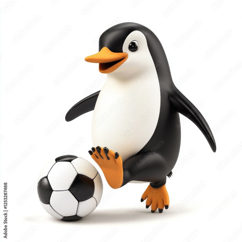 Fototapeta premium Cheerful penguin character playing soccer with a black and white ball