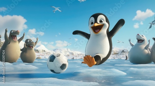 Playful Penguin Kicks Soccer Ball in Arctic Landscape with Friends