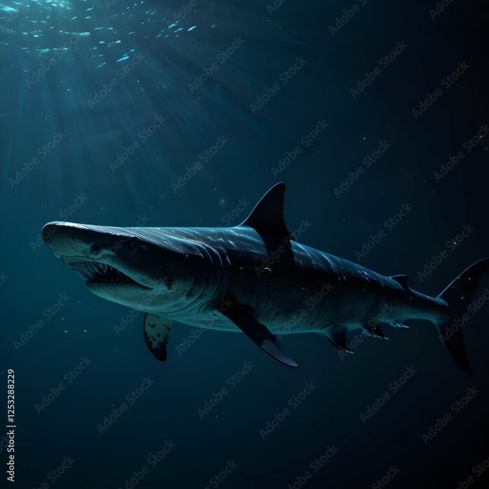 Obraz premium Terrifying Deep-Sea Shark with Sharp Teeth in the Ocean Depths