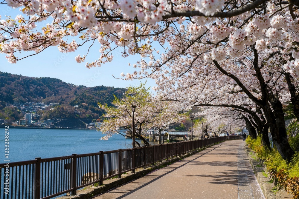 Cherry Blossoms Line a Lakeside Path, Spring Day in Japan. Possible use Nature photography, travel brochure Cherry Blossoms Line a Lakeside Path, Spring Day in Japan. Possible use Nature photography, travel brochure