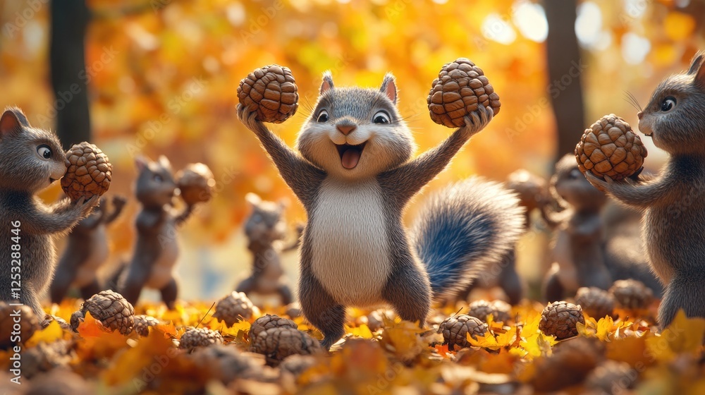 Cheerful Squirrel Celebrating with Pinecones in Autumn Forest Cheerful Squirrel Celebrating with Pinecones in Autumn Forest