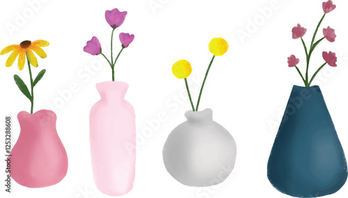 vector of beautiful flower in aesthetic vases, colorful vases, set of beautiful flowers and leaves