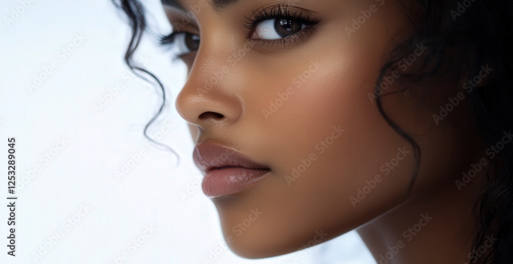 Close-Up of a Young Woman with Curly Hair and Beautiful Skin Tone