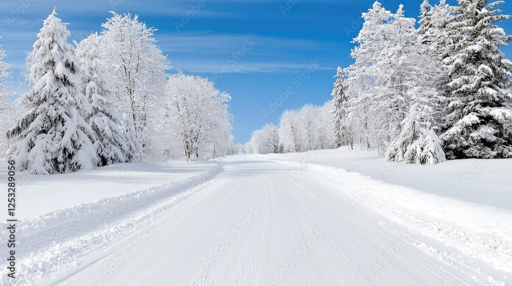 Obraz premium Snowy winter road through frosted trees
