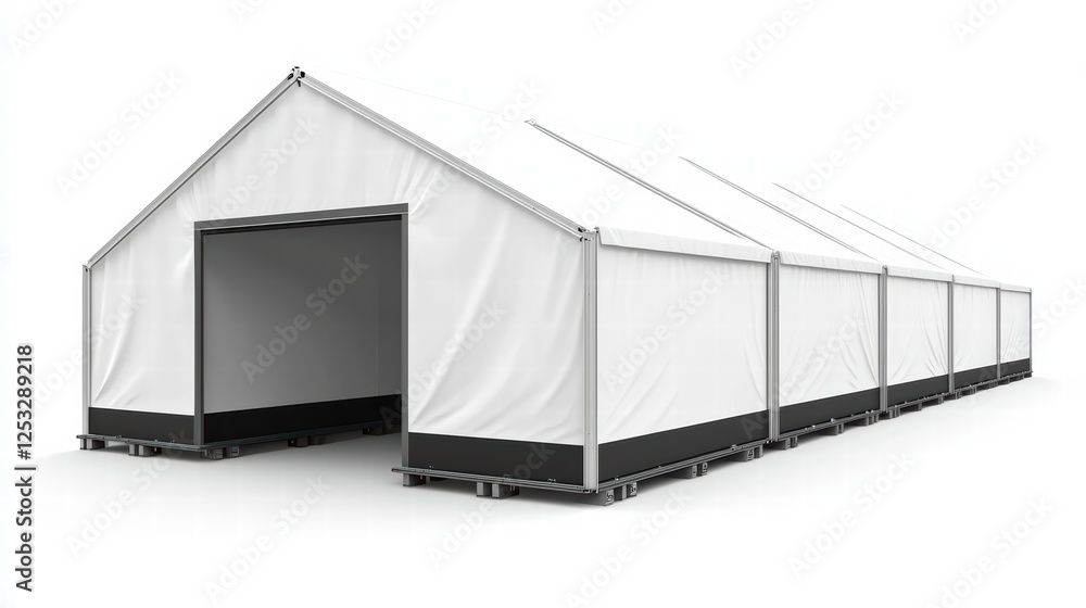 Event Tent Structure: A long, rectangular event tent stands ready for use, its stark white canvas providing a clean, modern aesthetic. The entrance is open. Event Tent Structure: A long, rectangular event tent stands ready for use, its stark white canvas providing a clean, modern aesthetic. The entrance is open.