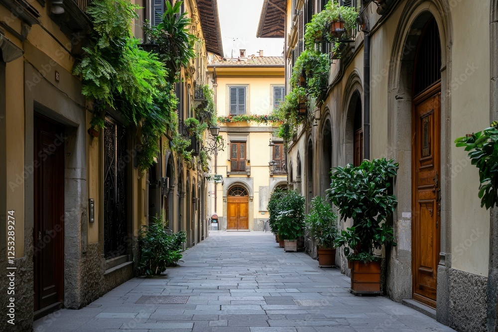 Fototapeta premium Italian alleyway with flowers, sunlit, quiet, for travel