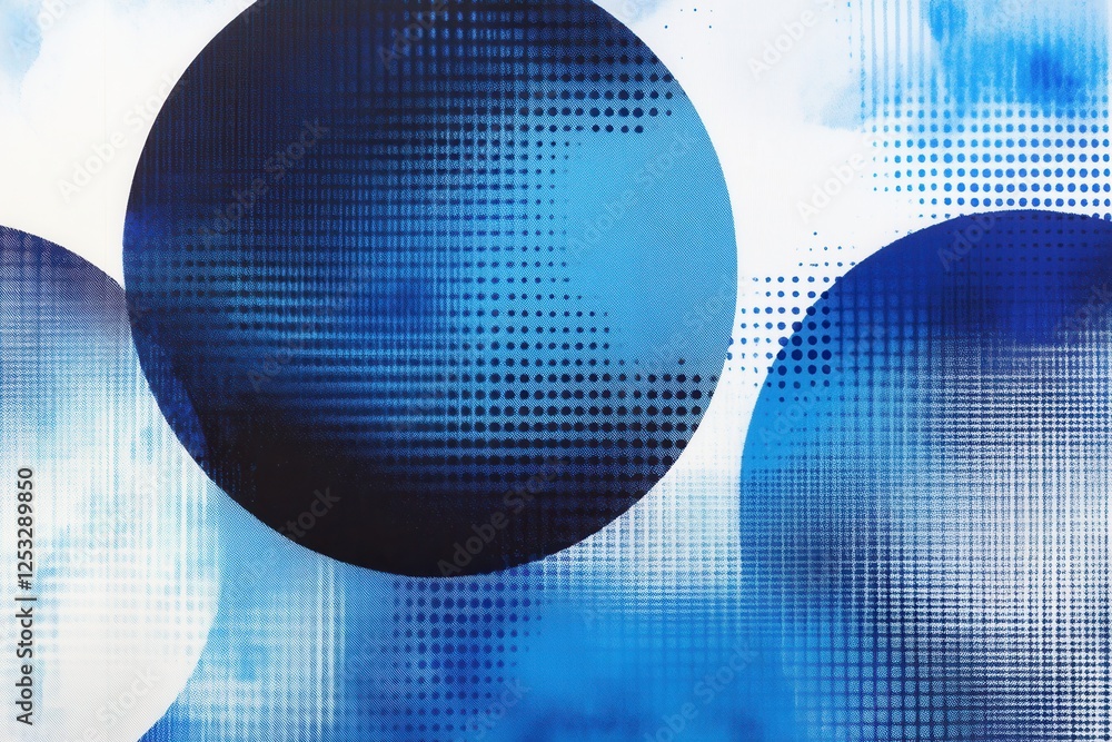 Fototapeta premium Abstract blue circles overlap, creating a textured, halftone effect. Ideal for tech, design, or modern art projects needing a dynamic background.
