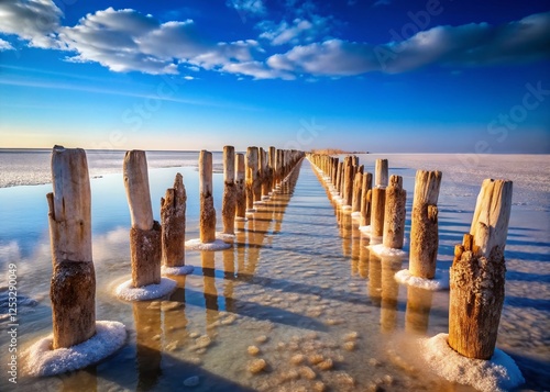 Wooden Pillars in Baskunchak Salt Lake, Astrakhan, Russia - Stunning Landscape Photography photo