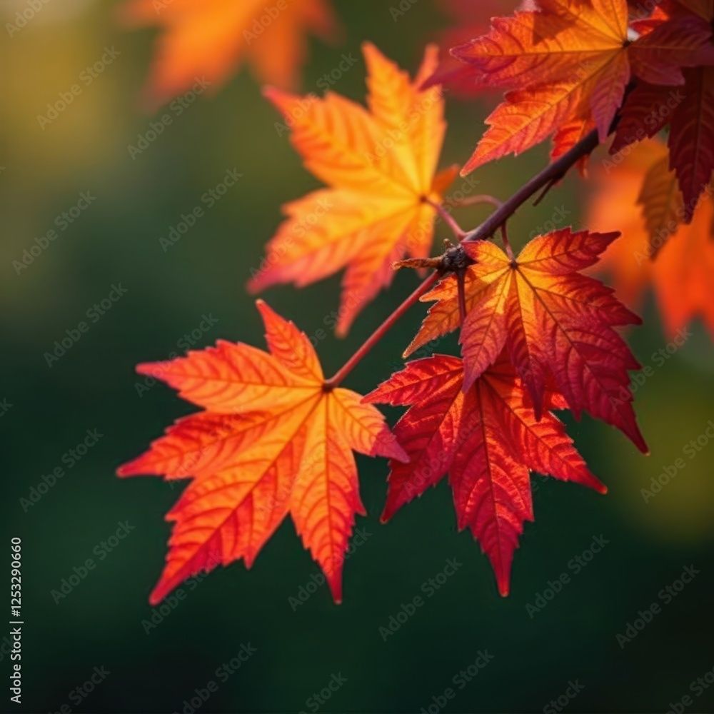 Vibrant red, orange, yellow maple leaves cluster on a branch , detail, texture, crisp Vibrant red, orange, yellow maple leaves cluster on a branch , detail, texture, crisp
