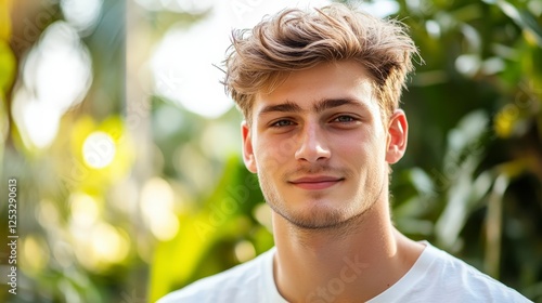 Young Man Smiling in Lush Greenery with Natural Light Background photo