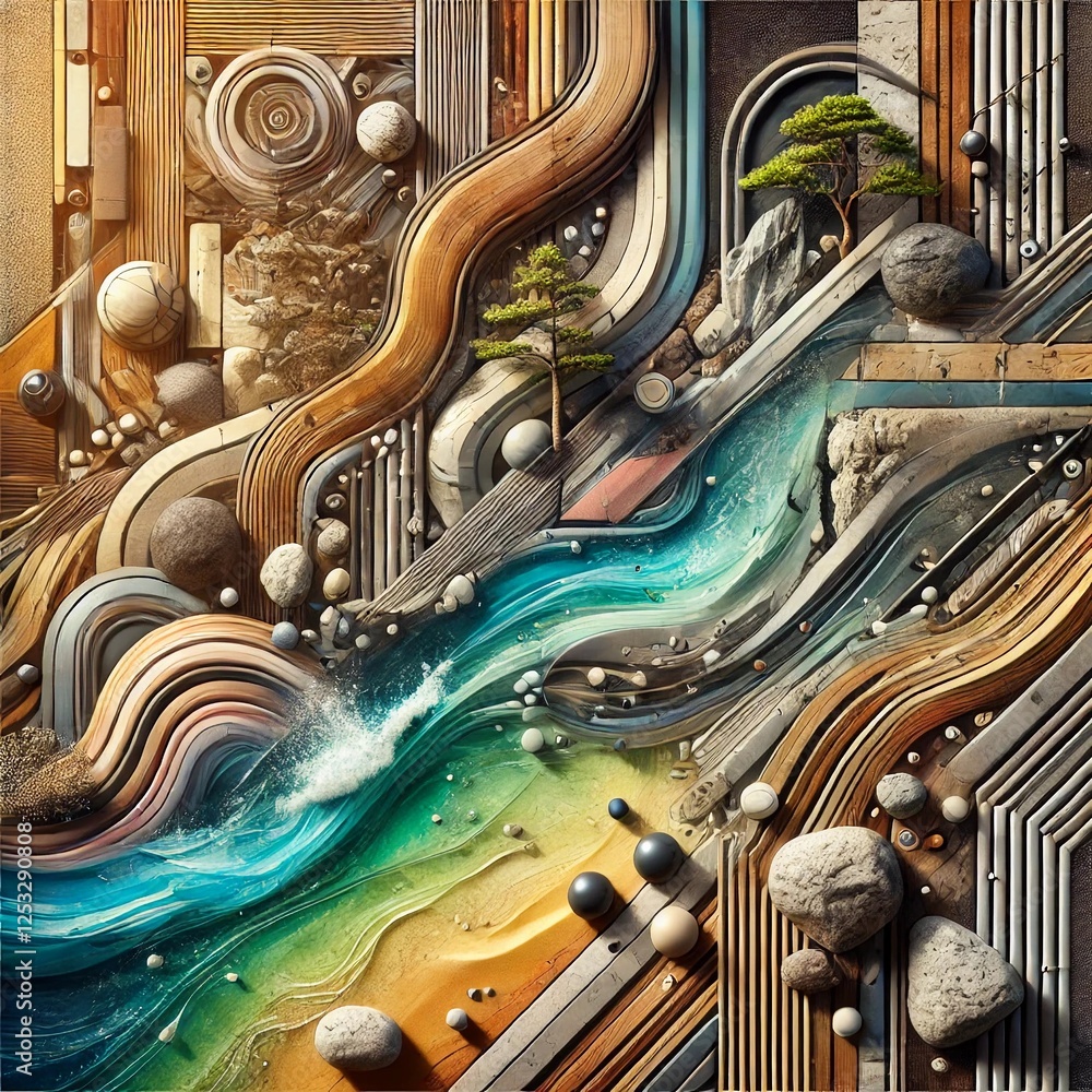 A creative and immersive depiction of various textures blended seamlessly into an abstract art piece. The image features natural elements like smooth A creative and immersive depiction of various textures blended seamlessly into an abstract art piece. The image features natural elements like smooth