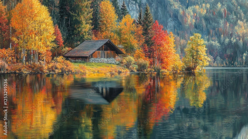 Fototapeta premium Autumnal Lakeside Cabin: A Serene Reflection