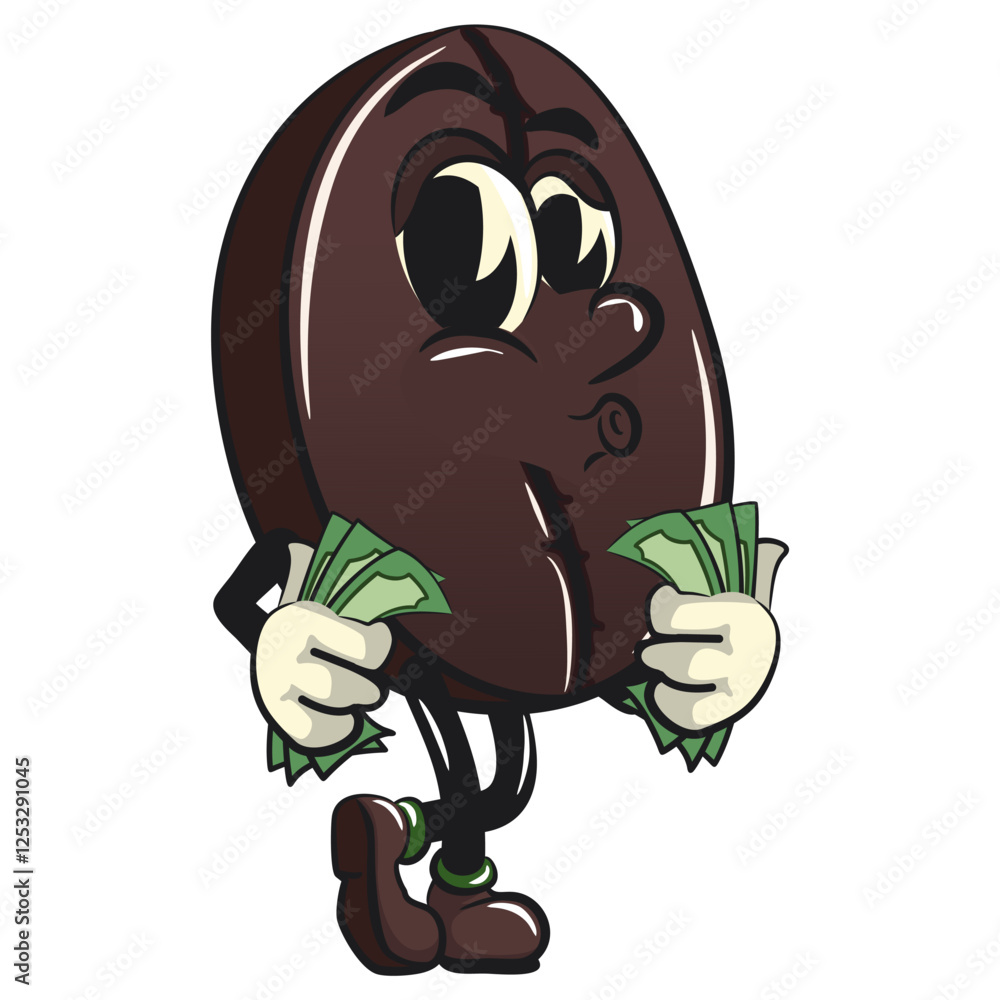 Obraz premium cute coffee beans vektor illustration mascot character carrying money while whistling, work of hand drawn