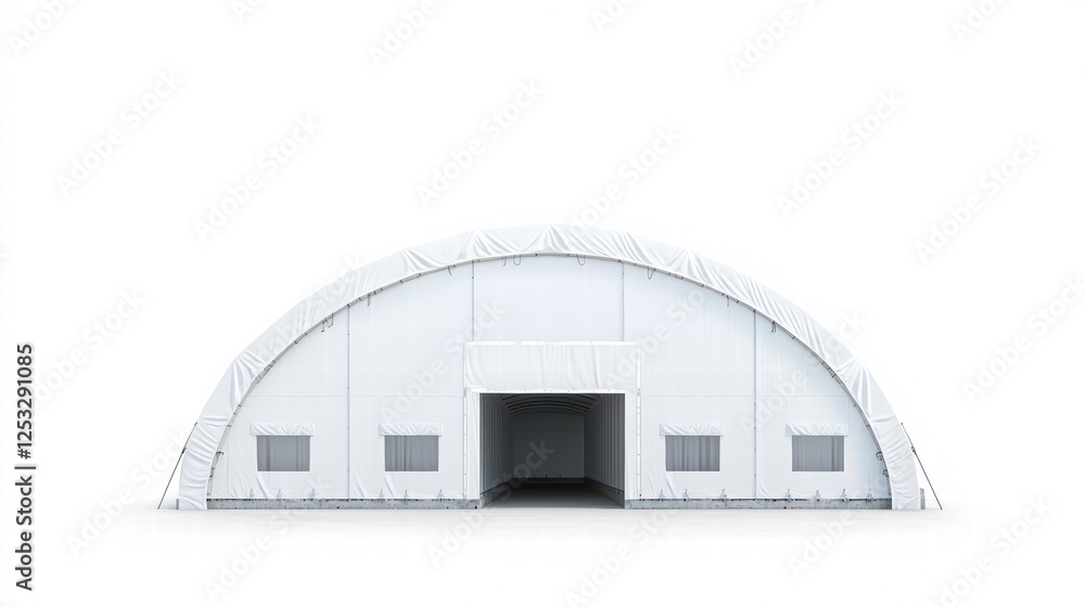 Arching Structure: A symmetrical, white arched building, showcasing its functional design and architectural simplicity, evokes a sense of modern utility and industrial efficiency. Arching Structure: A symmetrical, white arched building, showcasing its functional design and architectural simplicity, evokes a sense of modern utility and industrial efficiency.