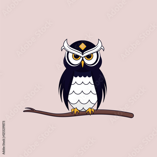 In a charming portrayal, a striking owl sits upright on a branch, its large eyes gleaming with curiosity. The vibrant colors and playful design bring an artistic touch to this charming creature photo