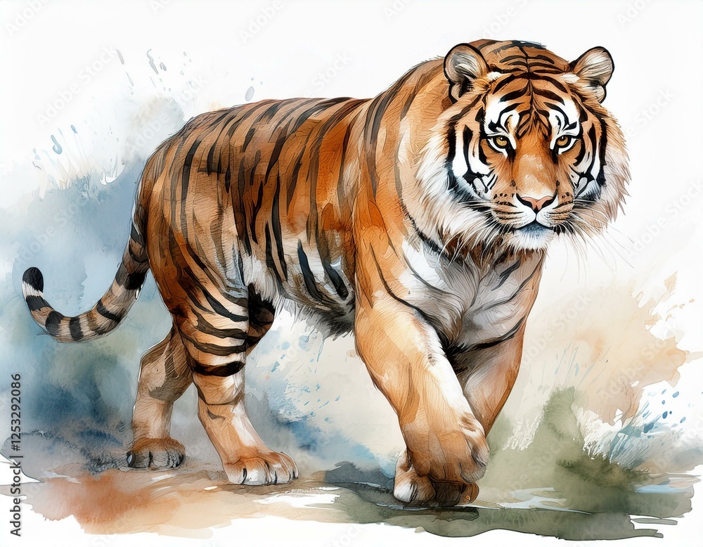 Obraz premium a tiger walks looks forward on a white background illustration in watercolor