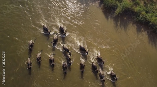Aerial view of wildebeests migrating across river in their natural habitat