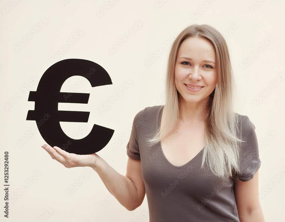 Smiling businesswoman holding euro sign on neutral background Smiling businesswoman holding euro sign on neutral background