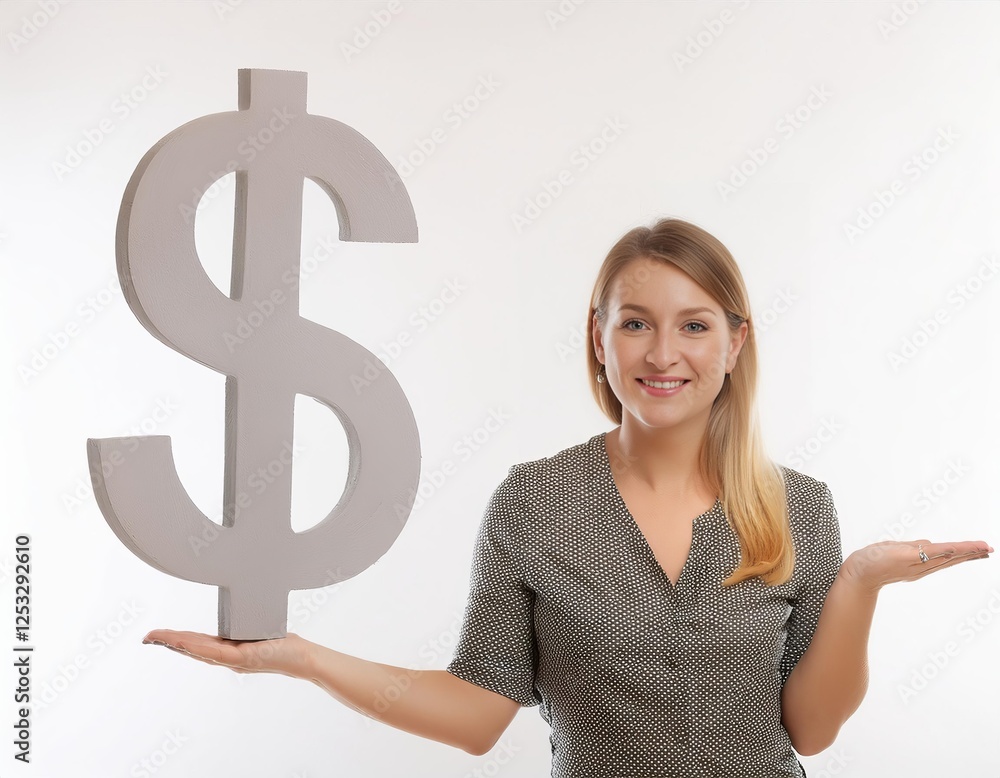 Businesswoman holding a large dollar sign and smiling Businesswoman holding a large dollar sign and smiling