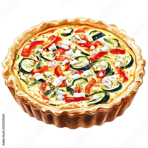 A freshly baked vegetable quiche with a golden crust, filled with a vibrant mixture of red bell peppers, zucchini, transparent background, PNG