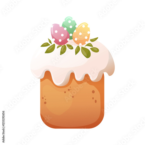 Cute cartoon illustration of Easter cake decorated by twig and eggs. Paska, kulich icon or print
