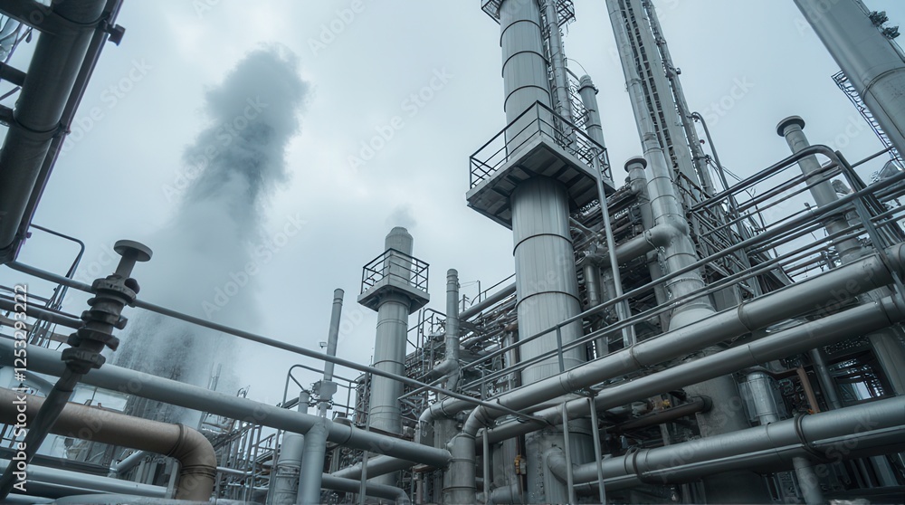 A complex industrial landscape featuring towering smokestacks and extensive piping, emitting steam against a cloudy backdrop. A complex industrial landscape featuring towering smokestacks and extensive piping, emitting steam against a cloudy backdrop.