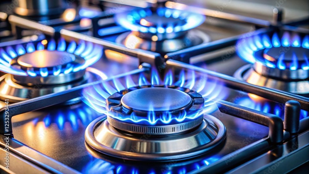 high-quality close-up of a lit gas burner in a clean and modern kitchen
high-quality close-up of a lit gas burner in a clean and modern kitchen