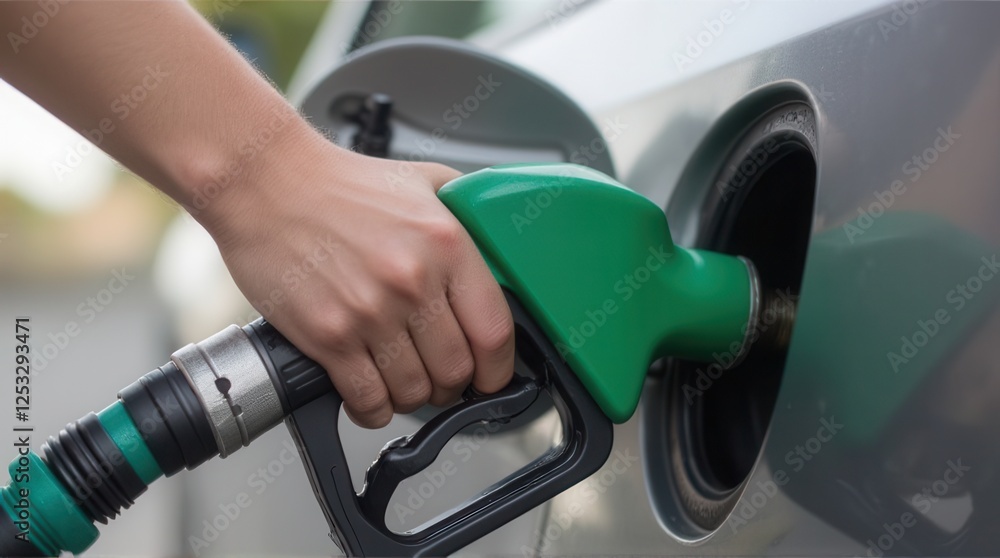 A person is refueling a vehicle at a gas station, holding a green gas pump nozzle while filling the tank. A person is refueling a vehicle at a gas station, holding a green gas pump nozzle while filling the tank.