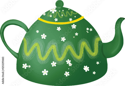 Green teapot with white flower decoration