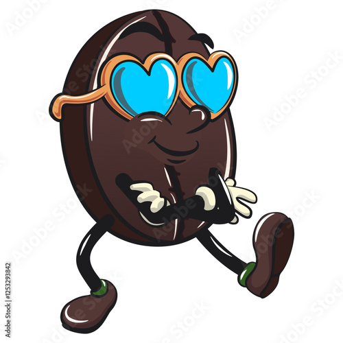 cute coffee beans vektor illustration mascot character wearing heart shaped beach sunglasse, work of hand drawn