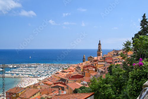 Aerial panoramic view of Menton Old Town, port and coast, South of France, 2019. photo