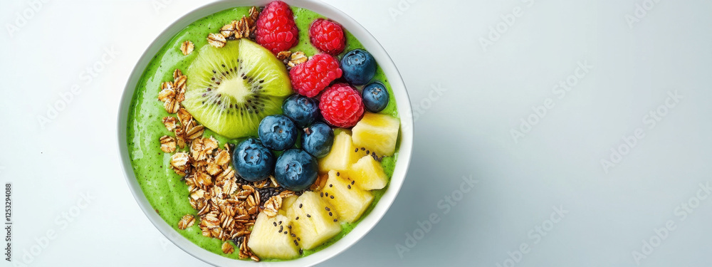 A vibrant green smoothie bowl topped with fresh kiwi, raspberries, blueberries, pineapple, and crunchy granola on a light background. A vibrant green smoothie bowl topped with fresh kiwi, raspberries, blueberries, pineapple, and crunchy granola on a light background.