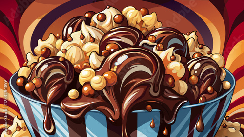 A close-up of gourmet popcorn with a drizzle of dark chocolate and sea salt, combining sweet and savory in a decadent snack.