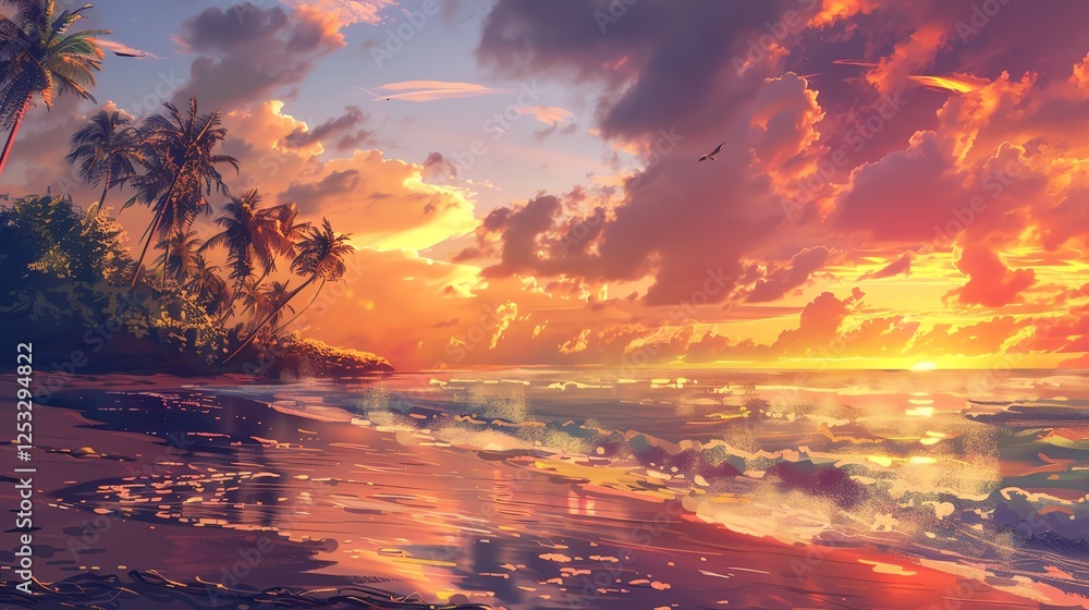 Fototapeta premium A beautiful sunset over the ocean. The warm colors of the sky and the gentle waves of the water create a peaceful and relaxing scene.