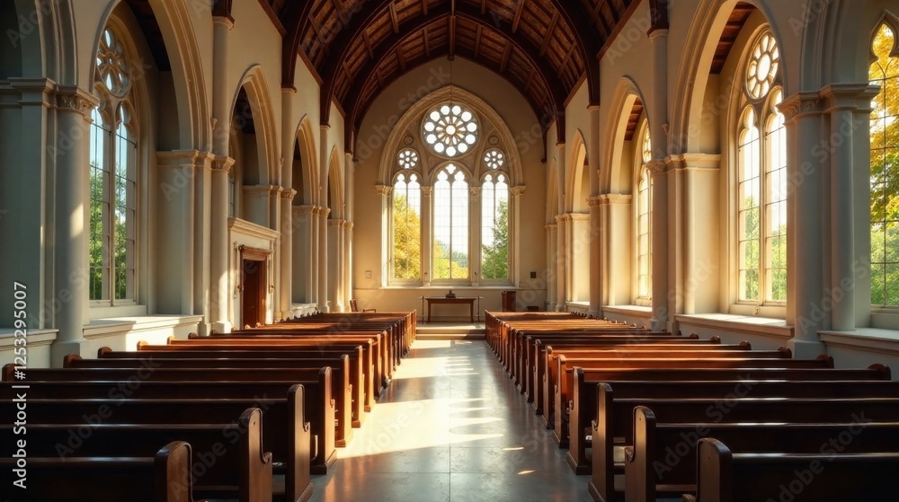 Fototapeta premium Sunlit Sanctuary Rows of Wooden Pews in a Serene Chapel with Tall Windows and Gothic Architecture